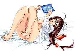 Rule 34 | 1girl, absurdres, antenna hair, bare legs, barefoot, bed sheet, blouse, book, bottomless, breasts, brown hair, cleavage, collared shirt, eating, feet, food, food on face, foot focus, from side, full body, glasses, green eyes, hair between eyes, hair bobbles, hair ornament, head tilt, highres, holding, holding book, ikkitousen, indoors, large breasts, legs, legs together, long hair, long sleeves, looking at viewer, low-tied long hair, lying, mouth hold, naked shirt, no bra, on back, on bed, open book, open clothes, open shirt, pocky, ryuubi gentoku, shirt, simple background, soles, solo, sweets, thighs, toes, underboob, very long hair, white background, white shirt