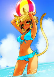 Rule 34 | 1girl, :o, ahoge, aililith, animal ears, armpits, arms up, bad id, bad pixiv id, ball, beachball, bikini, bikini skirt, blonde hair, blue bikini, blush, braid, braided hair rings, breasts, cameltoe, cat ears, cat tail, cleaver, cloud, cowboy shot, day, feuille (z/x), flower, from side, front-tie bikini top, front-tie top, green eyes, hair between eyes, hair flower, hair ornament, hair rings, hairclip, hibiscus, holding, holding ball, large breasts, lens flare, looking at viewer, nipples, ocean, open mouth, original, outdoors, short hair, side-tie bikini bottom, side braid, sketch, sky, solo, standing, sun, swimsuit, tail, tan, twin braids, wading, water, z/x