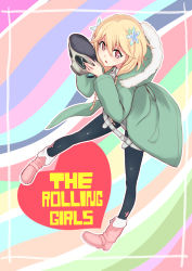 Rule 34 | 10s, 1girl, blonde hair, braid, coupe50, gas mask, highres, mask, misono chiaya, red eyes, solo, the rolling girls, twin braids