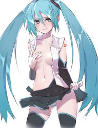 Rule 34 | 1girl, black skirt, black sleeves, black thighhighs, blue eyes, blue hair, blue nails, breasts, cleavage, closed mouth, clothes lift, collarbone, collared shirt, covering one breast, covering privates, cowboy shot, detached sleeves, floating hair, hair between eyes, hatsune miku, highres, lifted by self, long hair, long sleeves, looking at viewer, medium breasts, midriff, miniskirt, nail polish, navel, open clothes, open shirt, open skirt, panties, pleated skirt, shirt, skirt, skirt lift, sleeveless, sleeveless shirt, smile, solo, standing, stomach, striped clothes, striped panties, thighhighs, twintails, underwear, very long hair, vocaloid, white background, white shirt, wing collar, yagisawa teru