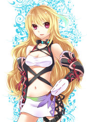 Rule 34 | 1girl, bare shoulders, blonde hair, breasts, choker, cleavage, female focus, gloves, gradient hair, green hair, hand on own hip, hip focus, long hair, milla maxwell, multicolored hair, navel, red eyes, skirt, solo, tales of (series), tales of xillia, two-tone hair, white background, yayoi (egoistic realism)