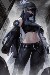 1girl absurdres bare_shoulders baseball_cap belt black_hair black_hat black_pants black_shirt blue_archive blue_eyes breasts coat colored_inner_hair commentary_request crop_top gun hat highres holding holding_gun holding_weapon kuca_(ku_ca18) large_breasts long_hair long_sleeves looking_at_viewer mask midriff mouth_mask multicolored_hair navel off_shoulder open_clothes open_coat outdoors outstretched_arm pants partial_commentary rain saori_(blue_archive) shirt sidelocks sleeveless sleeveless_shirt solo standing stomach taut_clothes taut_shirt toned very_long_hair weapon white_coat