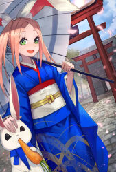 Rule 34 | 1girl, absurdres, animal, animal ears, carrot, cobblestone, day, fake animal ears, falling petals, green eyes, highres, holding, holding umbrella, japanese clothes, kimono, long hair, long sleeves, looking to the side, obi, oil-paper umbrella, open mouth, original, outdoors, parted bangs, petals, petting, pink hair, rabbit, rabbit ears, sash, sky, smile, solo, teo (telo ruka), twintails, umbrella, wide sleeves