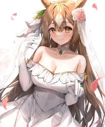 Rule 34 | 1girl, absurdres, animal ears, bad id, bad pixiv id, blush, breasts, brown eyes, brown hair, choker, cleavage, closed mouth, collarbone, cowboy shot, dress, elbow gloves, flower, gloves, hair between eyes, hair flower, hair ornament, hair ribbon, hands up, highres, horse ears, horse girl, jewelry, large breasts, long hair, looking at viewer, minttchocok, petals, red flower, red rose, ribbon, ring, rose, satono diamond (umamusume), simple background, sleeveless, sleeveless dress, smile, solo, strapless, strapless dress, umamusume, very long hair, wedding dress, white background, white choker, white dress, white gloves