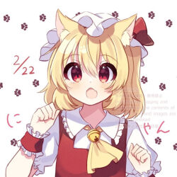 Rule 34 | 1girl, animal ears, ascot, bell, blonde hair, cat ears, cat girl, dated, dress, fang, flandre scarlet, hat, hat ribbon, kudamono25253, mob cap, neck bell, open mouth, paw pose, paw print, puffy short sleeves, puffy sleeves, red dress, red ribbon, ribbon, short sleeves, skin fang, solo, touhou, upper body, yellow ascot