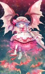 Rule 34 | 1girl, amo (shibu3), ascot, bat wings, blue hair, dress, full body, hat, highres, lace, lace-trimmed dress, lace trim, mob cap, petticoat, puffy short sleeves, puffy sleeves, red eyes, remilia scarlet, short sleeves, solo, touhou, white dress, wings