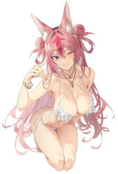 Rule 34 | 1girl, animal ear fluff, animal ears, bare shoulders, bikini, blue eyes, blush, bracelet, breasts, cleavage, closed mouth, collarbone, double bun, full body, hair bun, hanayono menora, hand up, hiiragi yuuichi, indie virtual youtuber, jewelry, large breasts, leaning forward, long hair, looking at viewer, one eye closed, pink hair, side-tie bikini bottom, simple background, smile, solo, swimsuit, thighs, virtual youtuber, white background, white bikini