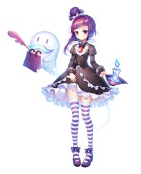 Rule 34 | 1girl, asymmetrical hair, bad id, bad pixiv id, black dress, blackberry cookie, blue fire, blunt bangs, blush, bow, brooch, candle, cookie run, dress, facial hair, fire, frilled dress, frills, full body, ghost, ghost butler, hair rings, jewelry, lace-up, lens flare, lolita fashion, long sleeves, mustache, niki lee, notebook, puffy sleeves, purple bow, purple eyes, purple footwear, purple hair, quill, shoes, short hair, simple background, solo, striped clothes, striped thighhighs, thighhighs, white background, zettai ryouiki