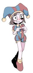 Rule 34 | 1girl, absurdres, blue eyes, blush, brown hair, full body, hat, hat bell, highres, jester, jester cap, lalah 7th, multicolored clothes, multicolored eyes, multicolored hat, pale skin, pomni (the amazing digital circus), red eyes, red footwear, solo, standing, sweat, the amazing digital circus, two-tone sash