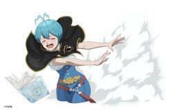 Rule 34 | 1girl, baggy pants, belt, black bulls (emblem), black capelet, black clover, black clover m: rise of the wizard king, blue hair, blue pants, blush, bob cut, book, brown belt, capelet, closed eyes, grey (black clover), grimoire, looking at viewer, official art, open book, open mouth, pants, shirt, short hair, simple background, solo, upper body, white background, white shirt