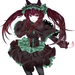 Rule 34 | 1girl, adapted costume, animal ears, black pantyhose, bow, braid, capelet, cat ears, cat girl, cat tail, choker, colorized, dress, female focus, frills, gothic lolita, hair bow, hairband, kaenbyou rin, lolita fashion, lolita hairband, long hair, long sleeves, looking at viewer, multiple tails, mutoto, open mouth, outstretched arms, pantyhose, red eyes, red hair, ribbon, simple background, skirt, solo, spread arms, tail, touhou, twin braids, twintails, white background