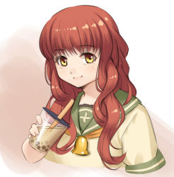 Rule 34 | 1girl, beige serafuku, bell, brown background, brown hair, bubble tea, commentary request, cropped torso, de ruyter (kancolle), gradient background, green sailor collar, head tilt, kantai collection, long hair, looking at viewer, neckerchief, nikuoji, orange neckerchief, sailor collar, smile, solo, upper body, yellow eyes