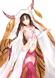 Rule 34 | 10s, 1girl, absurdres, armpits, artist request, bare shoulders, black hair, blush, breasts, cleavage, cowboy shot, detached sleeves, facial mark, fate/extra, fate/extra ccc, fate (series), forehead mark, highres, horns, large breasts, long hair, long sleeves, looking at viewer, navel, parted lips, pink thighhighs, revealing clothes, sessyoin kiara, sideboob, smile, solo, stomach, thighhighs, veil, very long hair, wide sleeves, yellow eyes