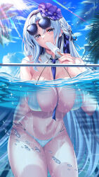 1girl absurdres air_bubble alsace_(azur_lane) alsace_(heat_beating_summer_sacrament)_(azur_lane) azur_lane between_breasts bikini blue_eyes blue_necktie blue_sky breasts bubble commentary_request cowboy_shot day detached_collar flower food food_in_mouth hair_flower hair_ornament hair_spread_out highres holding holding_food holding_popsicle huge_breasts large_variant_set long_hair looking_at_viewer multi-strapped_bikini_bottom navel necktie necktie_between_breasts official_alternate_costume outdoors palm_tree parted_hair partially_submerged partially_underwater_shot popsicle popsicle_in_mouth purple_flower sky summer sunglasses swimsuit tree variant_set very_long_hair white_bikini yuuzuki_hijiri