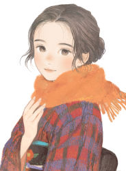 Rule 34 | 1girl, adjusting scarf, black hair, black sash, blush, brown eyes, closed mouth, eyebrows, fingernails, floating hair, floral print, fringe trim, from side, fur scarf, hair behind ear, hair bun, hand up, highres, japanese clothes, kimono, long sleeves, looking at viewer, looking to the side, matayoshi, multicolored clothes, multicolored kimono, no lineart, nose blush, obi, obiage, obijime, orange scarf, original, parted hair, plaid, plaid kimono, print kimono, print sash, sash, scarf, signature, simple background, single hair bun, smile, solo, upper body, white background, wide sleeves