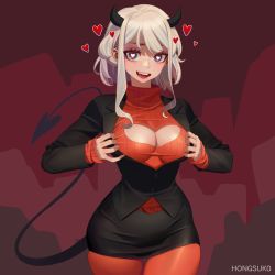 Rule 34 | 1girl, artist name, black horns, black jacket, black skirt, blush, breasts, cleavage, commentary, demon girl, demon horns, demon tail, heart, heart-shaped pupils, helltaker, highres, hongcasso, horns, jacket, large breasts, long sleeves, looking at viewer, modeus (helltaker), pantyhose, pencil skirt, red eyes, red pantyhose, red sweater, ribbed sweater, short hair with long locks, skirt, solo, sweater, symbol-shaped pupils, tail, teeth, turtleneck, upper teeth only, white hair