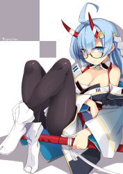 Rule 34 | 1girl, ahoge, bare shoulders, black-framed eyewear, black pantyhose, blue eyes, blue hair, blush, breasts, character request, cleavage, closed mouth, commentary request, glasses, grey kimono, hair between eyes, hair ornament, highres, holding, holding sheath, horns, japanese clothes, katana, kimono, large breasts, long hair, long sleeves, looking at viewer, off shoulder, ogami kazuki, oshiro project:re, pantyhose, semi-rimless eyewear, shadow, sheath, sheathed, shide, signature, smile, socks, socks over pantyhose, solo, sword, tabi, thick eyebrows, under-rim eyewear, weapon, white background, white socks, wide sleeves