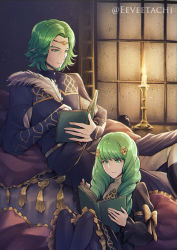 Rule 34 | 1boy, 1girl, absurdres, book, brother and sister, candle, circlet, closed mouth, eeveetachi, fire emblem, fire emblem: three houses, flayn (fire emblem), garreg mach monastery uniform, green eyes, green hair, hair ornament, highres, holding, holding book, huge filesize, knees up, long hair, long sleeves, matching hair/eyes, nintendo, open book, quill, seteth (fire emblem), short hair, siblings, sitting, twitter username, uniform