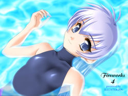 Rule 34 | 1girl, aizawa kotarou, blue hair, blush, competition swimsuit, from above, light purple hair, looking at viewer, lying, muv-luv, on back, one-piece swimsuit, partially submerged, skin tight, smile, solo, swimsuit, tareme, water, yashiro kasumi