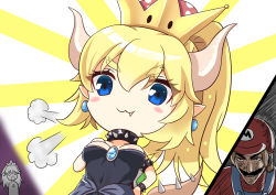 Rule 34 | 1boy, 2girls, :3, black dress, blonde hair, blue eyes, blush stickers, bowsette, bracelet, breasts, brown hair, closed mouth, collar, color drain, commentary, crown, dress, earrings, fang, fang out, flat cap, hair between eyes, hat, horns, jewelry, just as planned (meme), long hair, mario, mario (series), medium breasts, meme, mini crown, multiple girls, new super mario bros. u deluxe, nintendo, overalls, pointy ears, princess peach, red hat, red shirt, shirt, spiked bracelet, spiked collar, spiked tail, spikes, strapless, strapless dress, sunburst, super crown, synn032, tail, turtle shell