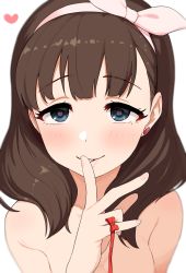 Rule 34 | 1girl, bad id, bad twitter id, bare shoulders, blue eyes, blush, bow, brown hair, close-up, commentary request, earrings, finger ribbon, finger to mouth, hairband, heart, heart-shaped pupils, heart earrings, highres, idolmaster, idolmaster cinderella girls, jewelry, lips, looking at viewer, omaru gyuunyuu, out-of-frame censoring, parted lips, red ribbon, ribbon, sakuma mayu, simple background, smile, solo, stud earrings, symbol-shaped pupils, upper body