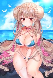Rule 34 | 1girl, azur lane, bare arms, bare shoulders, between legs, bikini, bird, blue bikini, blue sky, blurry, braid, braided bun, breasts, brown hair, choker, cleavage, closed mouth, cloud, collarbone, day, double bun, feathered wings, formidable (azur lane), formidable (the lady of the beach) (azur lane), hair bun, highres, horizon, large breasts, lens flare, long hair, looking at viewer, multi-strapped bikini bottom, multi-strapped bikini top, navel, ocean, outdoors, red eyes, reel (riru), sidelocks, single thighhigh, sitting, skindentation, sky, solo, sun, sunlight, swimsuit, tan, thighhighs, twintails, very long hair, wet, white thighhighs, wings