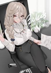 Rule 34 | 1girl, absurdres, ahoge, artist name, bebe (bebe pp), bird, black pants, black scrunchie, blurry, blurry background, braid, breasts, brown eyes, center frills, collared shirt, commission, frills, glasses, grey hair, hair between eyes, hair ornament, hair scrunchie, highres, holding, holding paper, indie virtual youtuber, jewelry, kira hishotori, large breasts, long hair, long sleeves, necklace, office lady, pants, paper, plant, scrunchie, shirt, side braid, sitting, skeb commission, swivel chair, twitter username, virtual youtuber, white shirt
