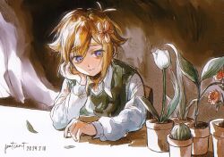 Rule 34 | 1boy, basil (faraway) (omori), basil (omori), blonde hair, blue eyes, cactus, closed mouth, collared shirt, flower, green sweater vest, hair flower, hair ornament, long sleeves, omori, patient51311752, plant, potted plant, rose, shirt, short hair, sitting, smile, solo, sweater vest, tulip, white shirt