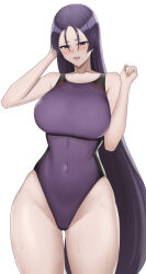 Rule 34 | 1girl, :d, alternate costume, bare arms, bare shoulders, breasts, collarbone, commentary, covered navel, cowboy shot, english commentary, fate/grand order, fate (series), hands up, highleg, highleg swimsuit, highres, higofushi, large breasts, long hair, looking at viewer, minamoto no raikou (fate), one-piece swimsuit, open mouth, purple eyes, purple hair, purple one-piece swimsuit, simple background, smile, solo, swimsuit, thighs, wet, white background