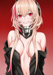 Rule 34 | bandana, bare shoulders, belly, black bandana, black jacket, blouse, blush, breasts, commentary request, fang, girls&#039; frontline, hair between eyes, hair over eyes, headgear, jacket, long hair, m4 sopmod ii (girls&#039; frontline), medium breasts, multicolored hair, navel, neck, open clothes, open shirt, red eyes, shirt, smile, solo, teeth, zui ai shuang mawei