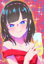 Rule 34 | 1girl, absurdres, bare shoulders, blue eyes, breasts, brown hair, champagne flute, cleavage, cup, drinking glass, earrings, hairband, heart, heart-shaped pupils, highres, holding, holding cup, jewelry, long hair, looking at viewer, necklace, nijisanji, simple background, smile, solo, sparkle, sunao na kapipara, suzuka utako, symbol-shaped pupils, upper body, virtual youtuber