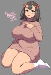 Rule 34 | 1girl, 2020, agawa ryou, artist name, breasts, brown eyes, brown hair, commentary, dated, grey background, huge breasts, looking at viewer, original, plump, red sweater, saliva, short hair, signature, simple background, sitting, socks, solo, sweater, thick thighs, thighs, tired, turtleneck, wariza, white socks