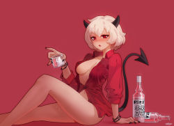 Rule 34 | 1girl, :o, absurdres, alcohol, arm support, bare legs, black horns, black nails, blush, bottle, bottomless, bracelet, breasts, cleavage, collarbone, collared shirt, commentary request, cup, demon girl, demon horns, demon tail, dress shirt, feet out of frame, from side, helltaker, highres, holding, holding cup, horns, ice, ice cube, jewelry, joker.z, knee up, looking at viewer, malina (helltaker), medium breasts, nail polish, naked shirt, navel, no bra, open clothes, open mouth, partially unbuttoned, red background, red eyes, red shirt, shirt, short hair, simple background, sitting, solo, sweat, tail