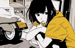 Rule 34 | 1girl, black hair, cigarette, colored skin, commentary request, crossed arms, day, greyscale, hood, hood down, hosoo, license plate, monochrome, motor vehicle, motorcycle, original, outdoors, revision, shirt, short hair, smoke, smoking, solo, spot color, squatting, white skin, yellow shirt