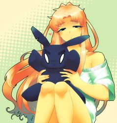 Rule 34 | 1boy, :x, bad id, bad pixiv id, bare shoulders, black eyes, eyebrows, heart, houjohh, long hair, male focus, off shoulder, original, pink hair, rabbit, sitting, solo, thick eyebrows, trap