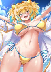Rule 34 | + +, 1girl, absurdres, bare shoulders, bikini, blonde hair, blue eyes, blue hair, blue sky, blush, bombergirl, breasts, cleavage, clip studio paint (medium), grenade hair ornament, highres, jacket, unworn jacket, large breasts, looking at viewer, multicolored hair, navel, open clothes, open jacket, open mouth, pine (bombergirl), rokita, short hair, sky, smile, solo, swimsuit, symbol-shaped pupils, thighs, twintails, two-tone hair, wet, white jacket, yellow bikini, yellow pupils
