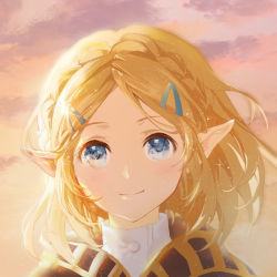 Rule 34 | 1girl, blonde hair, blue eyes, blush, braid, cape, cloud, commentary, hair ornament, hairclip, hood, hood down, hooded cape, jokanhiyou, light particles, looking at viewer, nintendo, outdoors, pointy ears, portrait, princess zelda, shirt, short hair, smile, solo, sparkle, sunset, the legend of zelda, the legend of zelda: breath of the wild, the legend of zelda: tears of the kingdom, white shirt