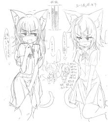 Rule 34 | ..., 4girls, animal ears, between legs, blush, bow, bowtie, breath, cat ears, cat tail, embarrassed, eye contact, fang, female focus, flat chest, fox ears, fox tail, greyscale, hand between legs, hand up, have to pee, highres, japanese text, leg up, long hair, looking at another, looking to the side, miniskirt, monochrome, multiple girls, multiple tails, mutoo, nose blush, open mouth, original, pleated skirt, school uniform, shirt, short hair, short sleeves, simple background, sketch, skirt, smile, speech bubble, spoken ellipsis, standing, standing on one leg, sweat, tail, talking, text focus, translation request, trembling, urine meter, white background