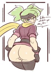 Rule 34 | 1girl, ass, blue eyes, cleft of venus, gloves, green hair, headband, highres, indivisible, kampan (indivisible), leggings, looking back, pussy, scarf, scruffyturtles, shiny skin, twintails