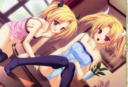 Rule 34 | 2girls, absurdres, blonde hair, blue panties, bow, bow panties, breasts, camisole, downblouse, dutch angle, flat chest, framed, hair ornament, highres, light rays, lingerie, magazine (object), magus tale, multiple girls, nina geminis, non-web source, panties, picture frame, pink panties, plant, potted plant, purple eyes, rena geminis, scan, siblings, sideboob, sisters, sitting, smile, strap slip, sunbeam, sunlight, table, tenmaso, thighhighs, twins, twintails, underwear, underwear only, window