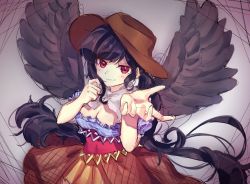 Rule 34 | 1girl, asanagi ron, bandana, black hair, black wings, blue shirt, blush, breasts, brown hat, brown skirt, cleavage, commentary request, covered navel, cowboy hat, cowboy shot, feathered wings, grey background, hands up, hat, highres, kurokoma saki, long hair, looking at viewer, medium breasts, one-hour drawing challenge, puffy short sleeves, puffy sleeves, red eyes, shirt, short sleeves, skirt, smile, solo, touhou, v-shaped eyebrows, very long hair, wings