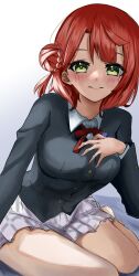 1girl 3: barefoot black_jacket blunt_bangs blush braid braided_bun breasts buttons closed_mouth collared_shirt commentary_request dress_shirt frown full_body green_eyes grey_skirt hair_bun half_updo highres jacket jin_(oihlf) long_sleeves looking_at_viewer love_live! love_live!_nijigasaki_high_school_idol_club medium_breasts medium_hair miniskirt neck_ribbon nijigasaki_school_uniform orange_hair plaid_clothes plaid_skirt pleated_skirt red_ribbon ribbon school_uniform shirt single_side_bun sitting skirt solo swept_bangs uehara_ayumu white_shirt white_skirt winter_uniform yokozuwari