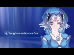 Rule 34 | 1girl, beret, collarbone, facial mark, flipped hair, forehead jewel, grey hair, hat, horns, jewelry, letterboxed, longhorn, looking at viewer, necklace, os-tan, pendant, purple eyes, slit pupils, solo, upper body, wallpaper, watch