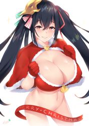 Rule 34 | 1girl, azur lane, bikini, bikini top only, black hair, bottomless, breasts, capelet, christmas, cleavage, convenient censoring, covered erect nipples, fur-trimmed bikini, fur-trimmed capelet, fur-trimmed gloves, fur trim, gloves, hair between eyes, hair ornament, hair ribbon, heart, heart-shaped pupils, highres, kuavera, large breasts, long hair, looking at viewer, mask, mask on head, merry christmas, navel, parted lips, red bikini, red capelet, red eyes, red gloves, red ribbon, ribbon, signature, simple background, solo, swimsuit, symbol-shaped pupils, taihou (azur lane), twintails, very long hair, white background