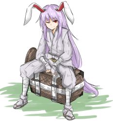 Rule 34 | 1girl, alternate costume, animal ears, bad id, bad pixiv id, forbidden scrollery, full body, japanese clothes, kankan33333, long hair, looking at viewer, one eye closed, purple hair, rabbit ears, red eyes, reisen udongein inaba, simple background, smile, solo, touhou, very long hair, white background