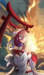 Rule 34 | 1girl, absurdres, bare shoulders, bell, blue eyes, breasts, brown hair, cloud, collarbone, detached sleeves, dress, eugene prime, fingers together, go-toubun no hanayome, hair between eyes, headphones, headphones around neck, highres, japanese clothes, large breasts, long hair, miko, nakano miku, navel, open mouth, shrine, sky, solo, stomach, sun, tassel, torii, white dress, white hood