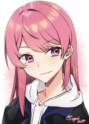 Rule 34 | 1girl, abe suke, absurdres, black jacket, closed mouth, copyright request, drawstring, highres, hood, hood down, hoodie, jacket, long hair, looking at viewer, male focus, open clothes, open jacket, pink hair, purple eyes, signature, smile, solo, upper body, virtual youtuber, white hoodie