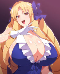 Rule 34 | 1girl, arm garter, blonde hair, blue bow, blue dress, bow, breasts, brown eyes, center frills, cleavage, dress, drill hair, fate/kaleid liner prisma illya, fate/stay night, fate (series), female focus, frills, gloves, gradient background, hair bow, hair ornament, highres, huge breasts, long hair, looking at viewer, luviagelita edelfelt, ojou-sama pose, open mouth, purple background, shinki (shinki59), solo, standing, upper body, v-shaped eyebrows, very long hair, white gloves