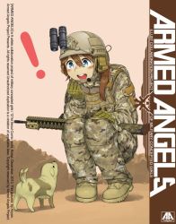 Rule 34 | !, 1girl, :d, anyan (jooho), armed angels, assault rifle, backpack, bag, binoculars, blue eyes, brown hair, camouflage, dessert, dog, ear protection, english text, engrish text, food, gloves, gun, hat, headphones, headset, helmet, load bearing vest, m4 carbine, military, military hat, military uniform, night-vision device, open mouth, original, puppy, ranguage, rifle, simple background, smile, soldier, solo, squatting, tail, tail wagging, uniform, weapon