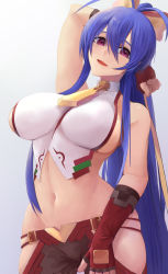 Rule 34 | 1girl, antenna hair, armpits, arms behind back, arms up, backless outfit, black pants, blazblue, blazblue: central fiction, blazblue variable heart, blue hair, blush, bow, breasts, curvy, fingerless gloves, from side, gloves, hair between eyes, hair bow, halterneck, halterneck, highres, kaeru (meriruou), large breasts, long hair, looking at viewer, looking to the side, lowleg, lowleg pants, mai natsume, midriff, navel, open mouth, pants, purple eyes, revealing clothes, sideboob, skindentation, solo, stomach, very long hair, wide hips, yellow bow